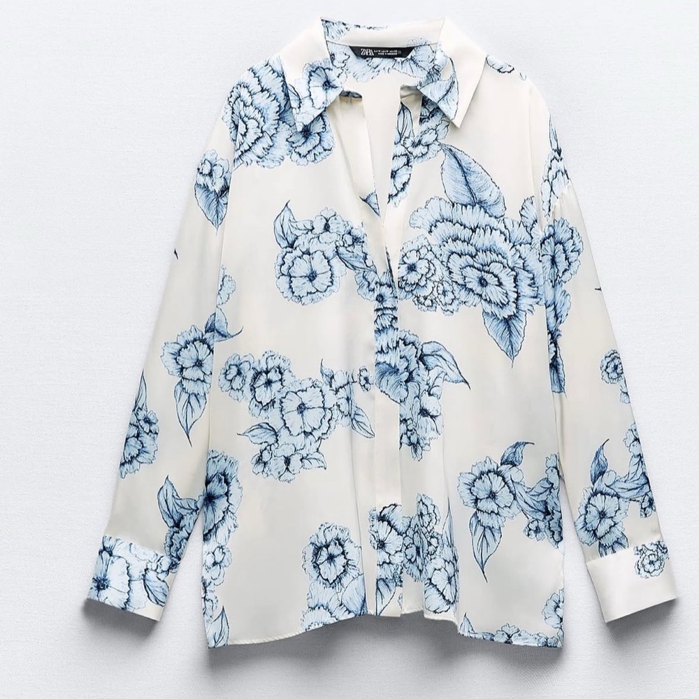 Zara Satin Blue and White Floral Blouse XS